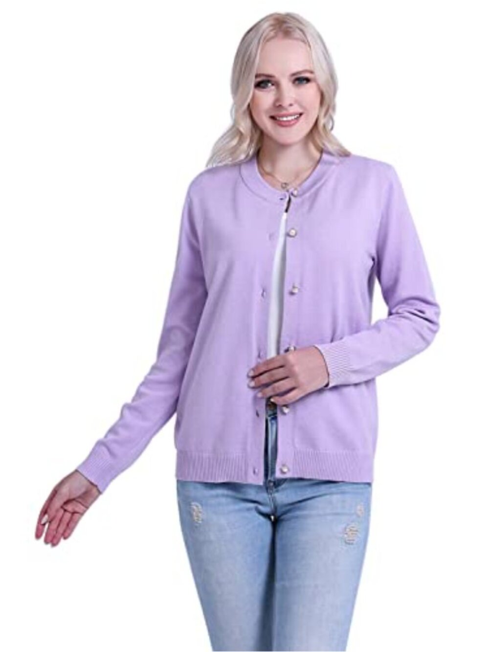 Women's Cardigan Crew Neck Pearl Button Down Sweater Cotton Knit Medium Weight